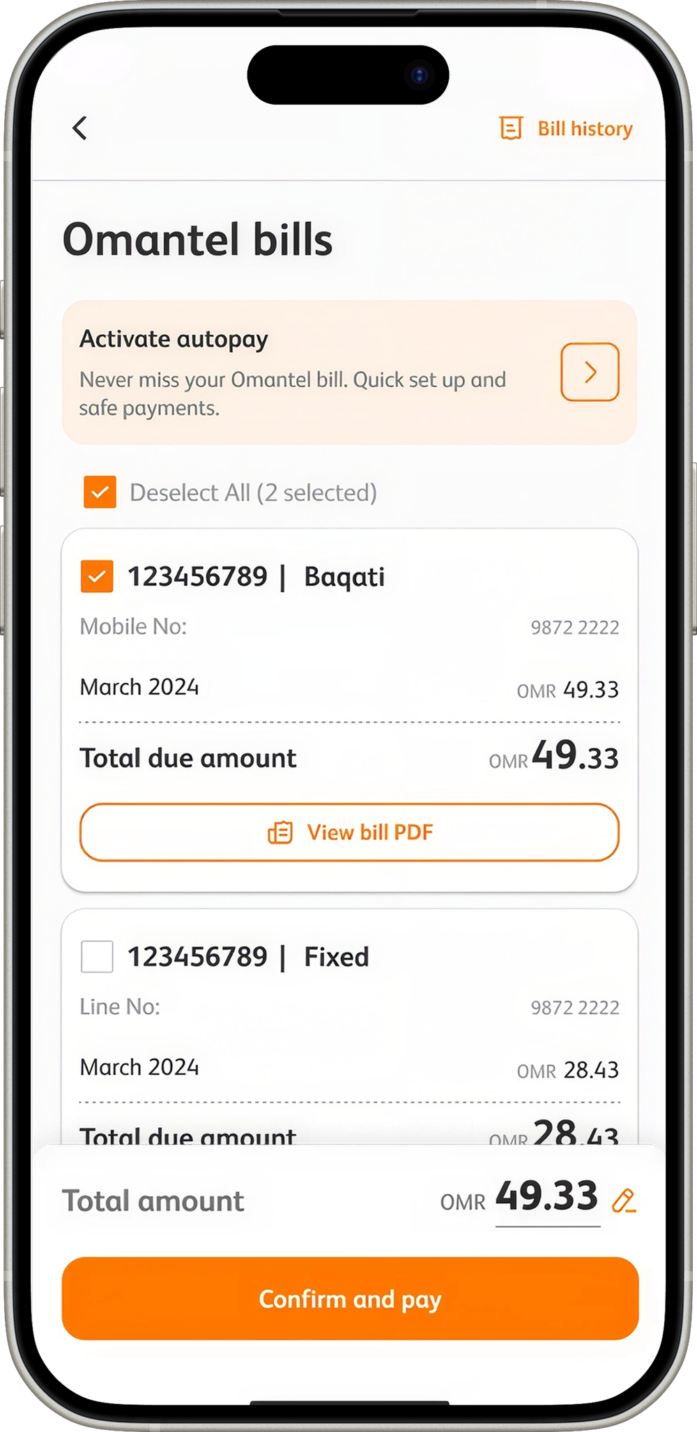 The Omantel bills screen: an autopay prompt, a select-all row, then two bill cards, each showing the billing month, the amount due and a link to the invoice PDF. A bar fixed to the bottom shows an editable total above a Confirm and pay button.