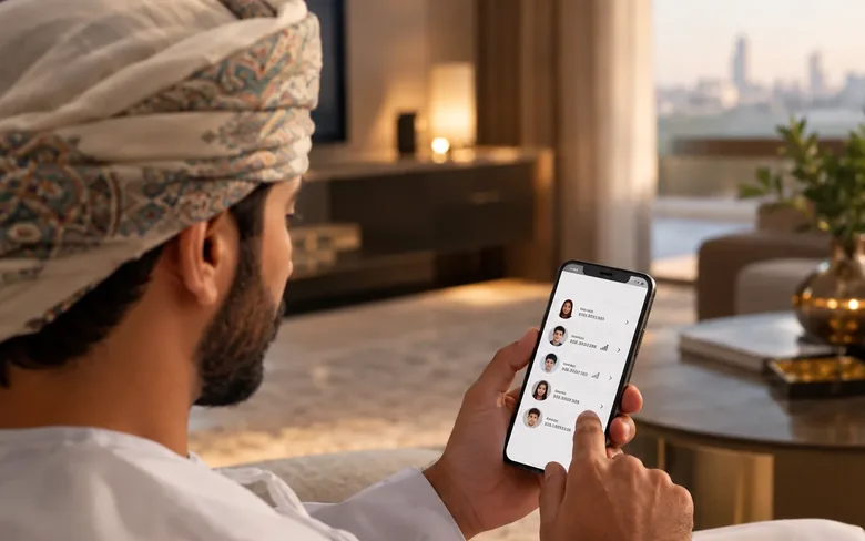 An Omani customer reviewing a list of his mobile lines on his phone, each line labelled by person and phone number