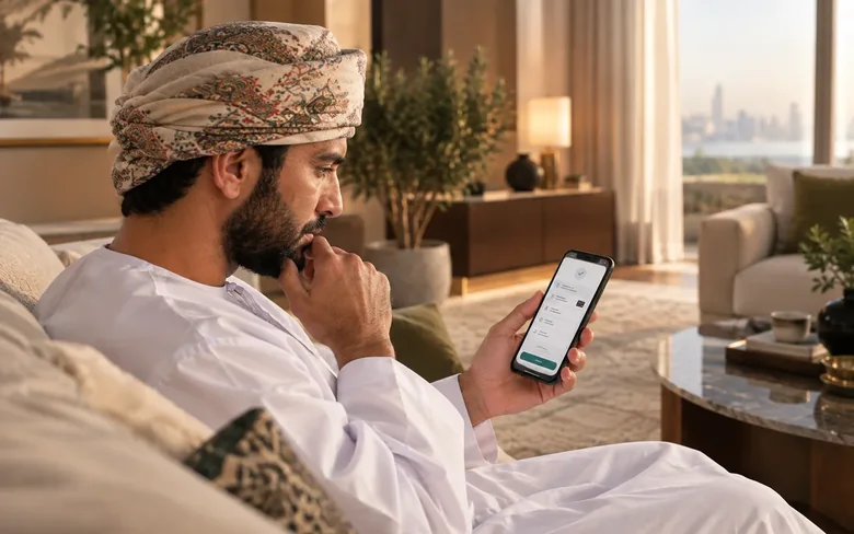 An Omani customer pausing with a hand to his chin, weighing up a confirmation screen on his phone before completing it