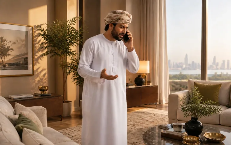 An Omani customer standing in his living room on a call to the contact centre, gesturing as he explains a problem